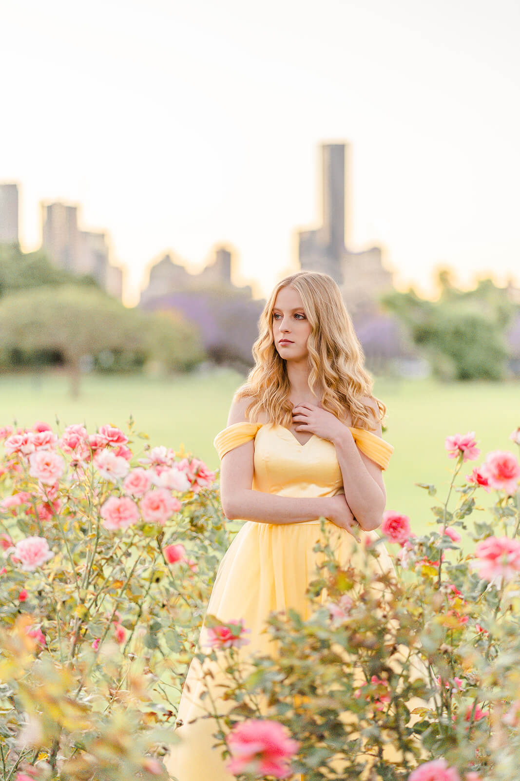 Brisbane high school girl in yellow foraml dress in New Farm Rose garden pre-formal photoshoot.